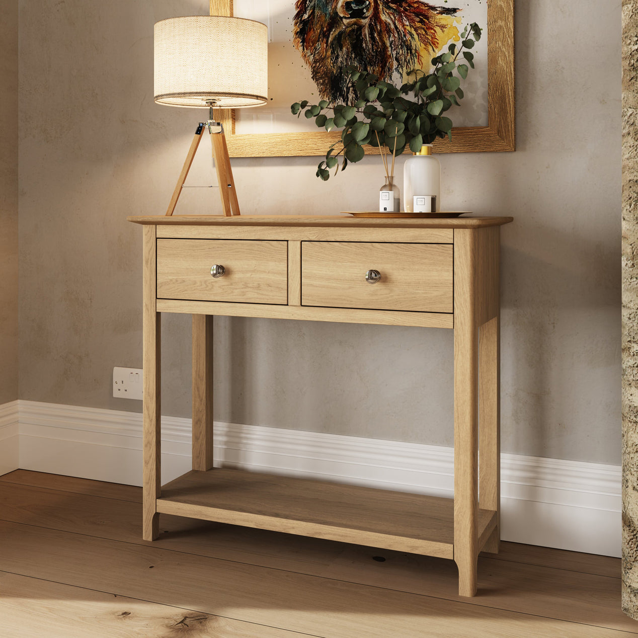 Taberno Oak 2 Drawer Console Hallway Table Natural Oak