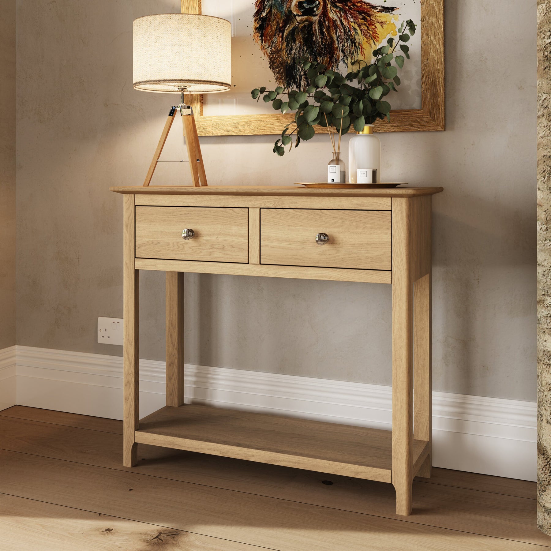 Taberno Oak 2 Drawer Console Hallway Table Natural Oak