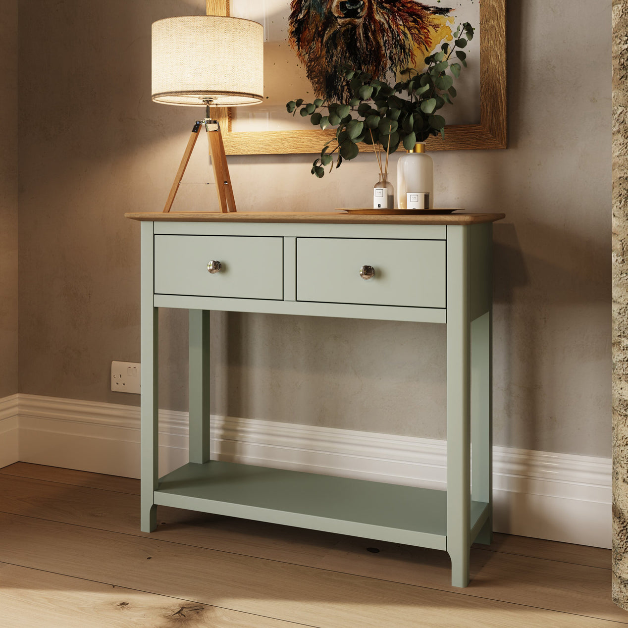 Taberno Oak 2 Drawer Console Hallway Table Sage Green