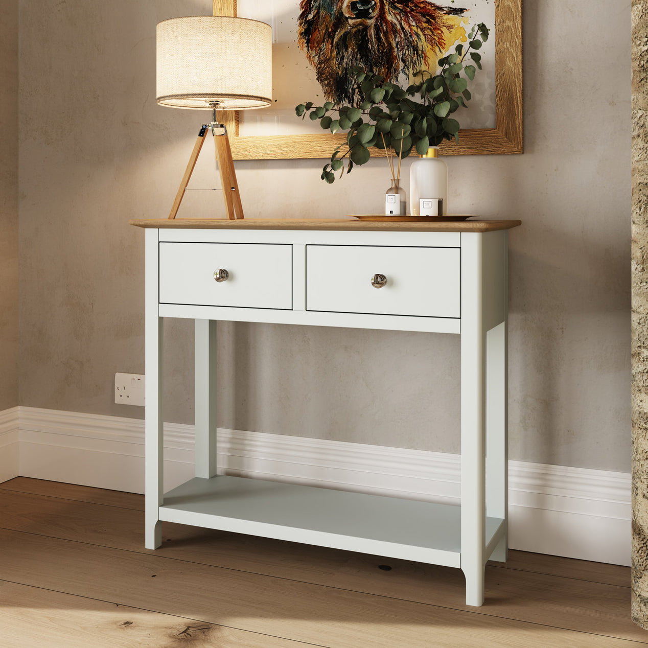 Taberno Oak 2 Drawer Console Hallway Table Linen White
