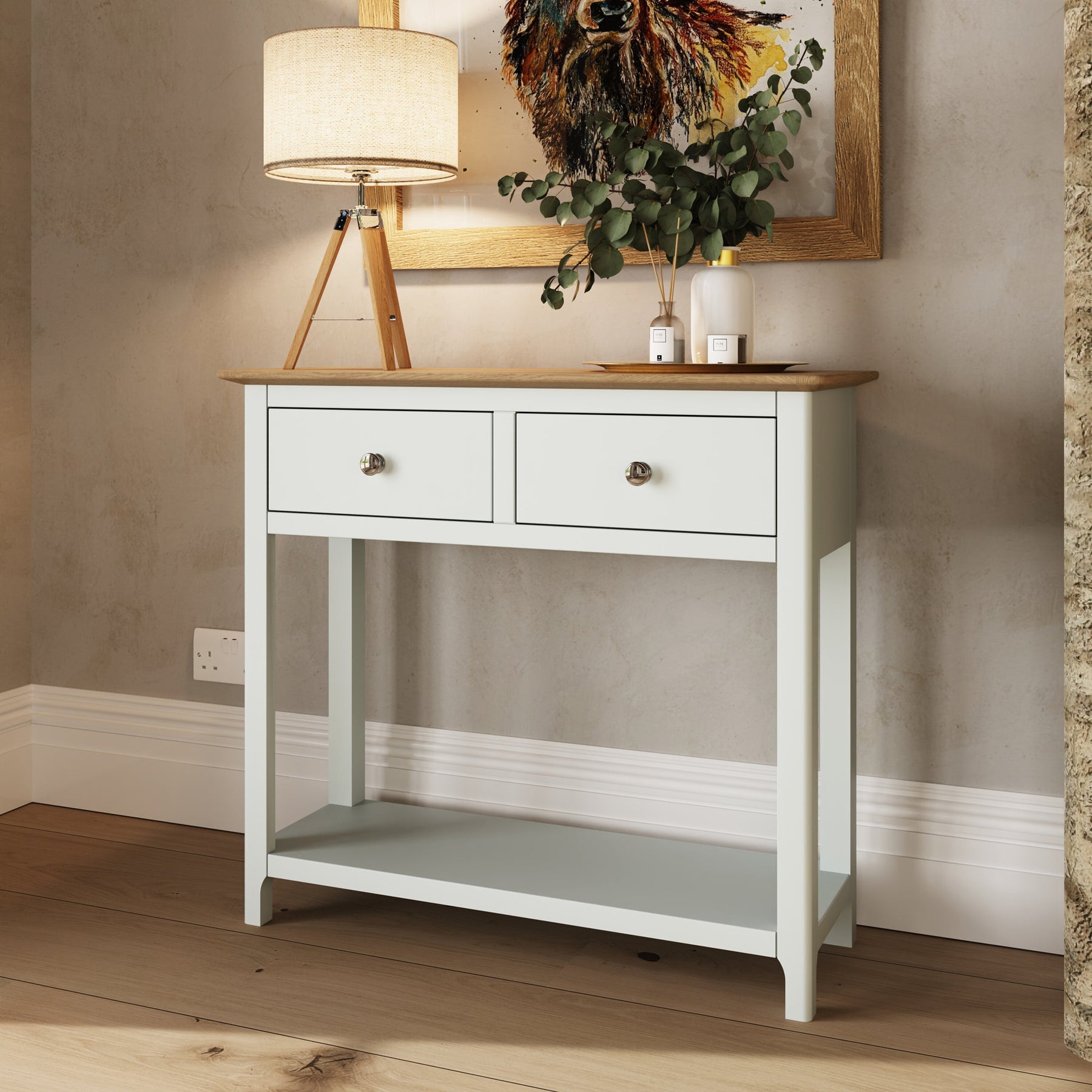 Taberno Oak 2 Drawer Console Hallway Table Linen White