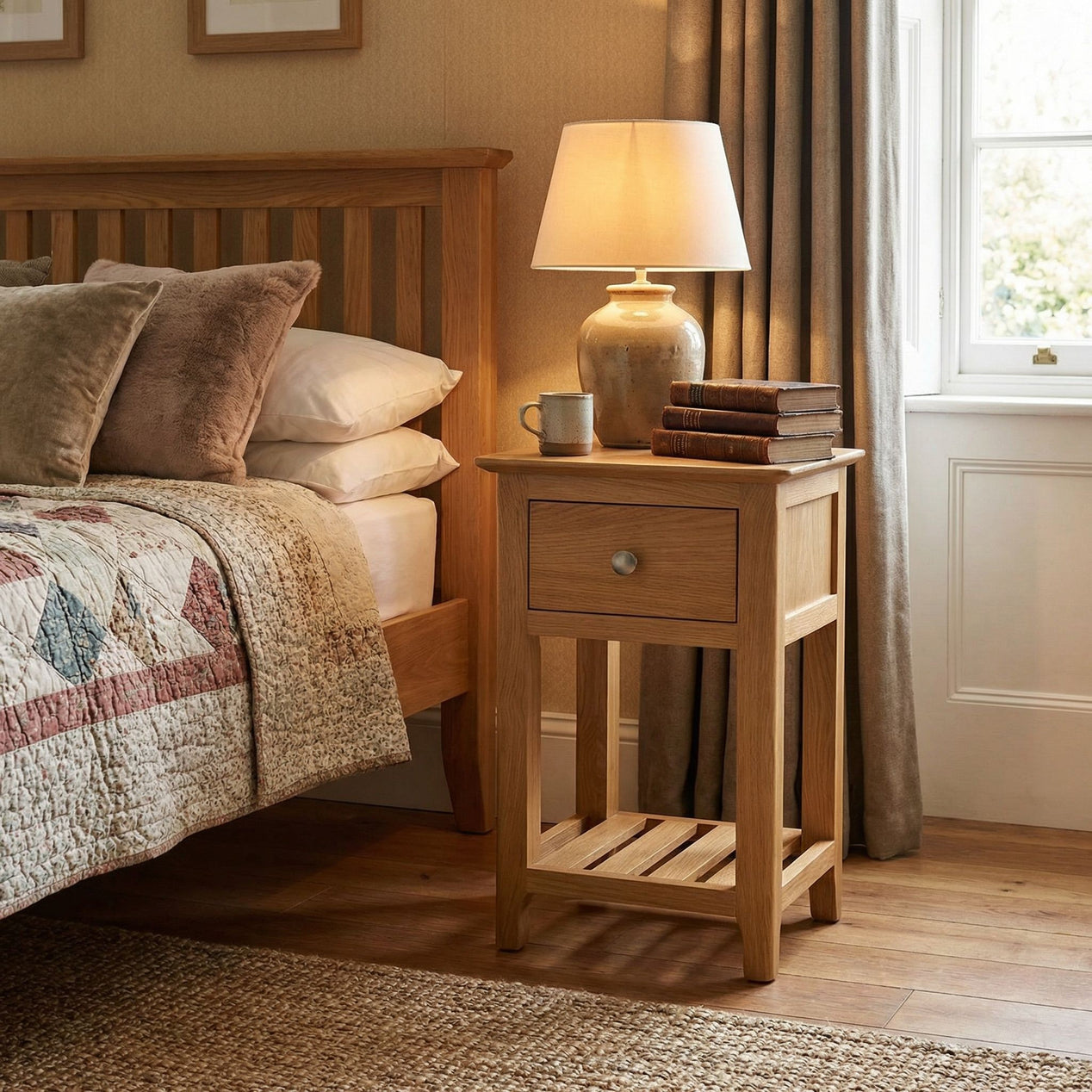 Taberno Oak Assembled 1 Drawer Slim Bedside