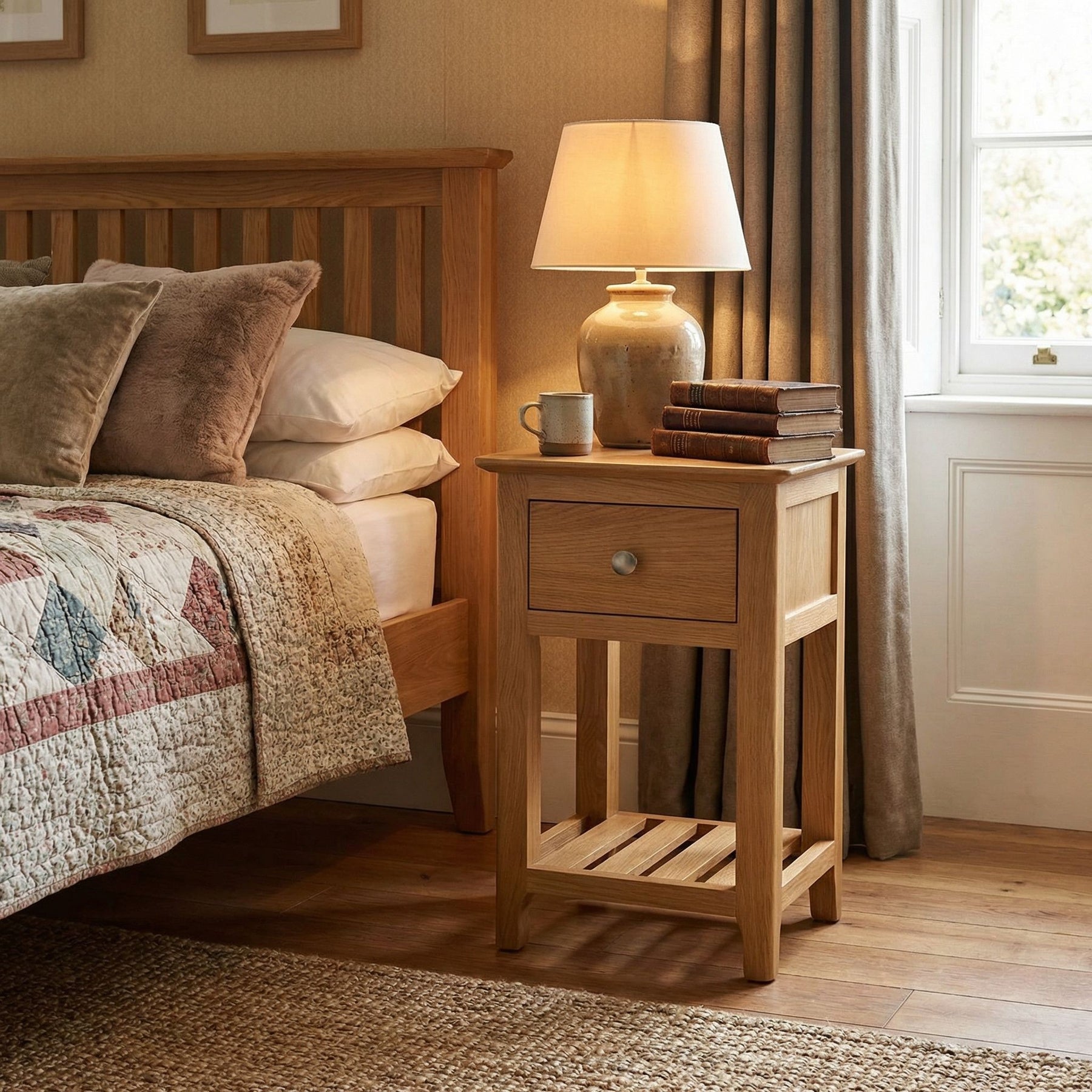 Taberno Oak Assembled 1 Drawer Slim Bedside