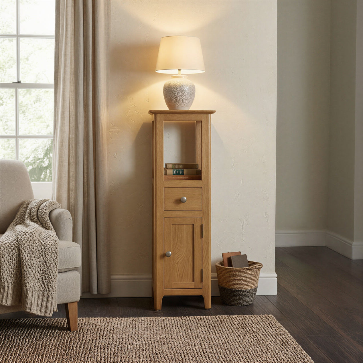 Taberno Oak Tall Slim Open Top Assembled Cabinet