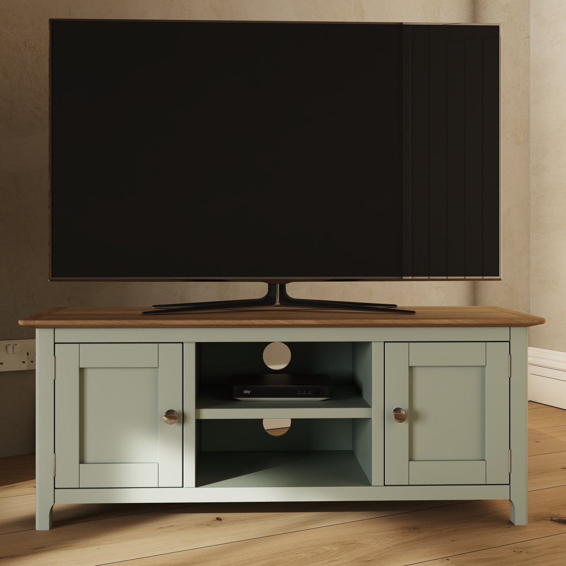 Taberno Oak 2 Door TV Unit Sage Green