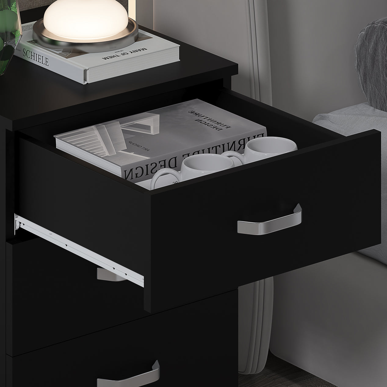 FWStyle Tunis 3 Drawer Bedside Chest Matt Black