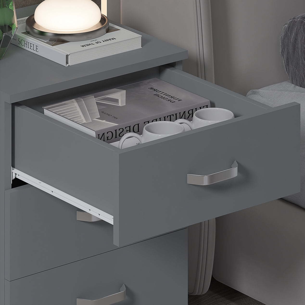 FWStyle Tunis 3 Drawer Bedside Chest Matt Grey