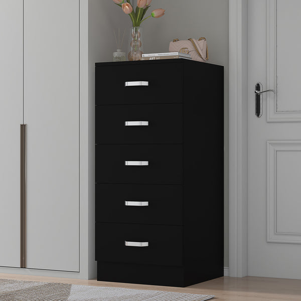 FWStyle Tunis 5 Drawer Tallboy Slim Chest Of Drawers - Matt Black