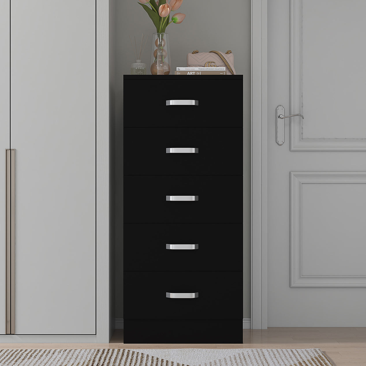 FWStyle Tunis 5 Drawer Tallboy Slim Chest Of Drawers - Matt Black