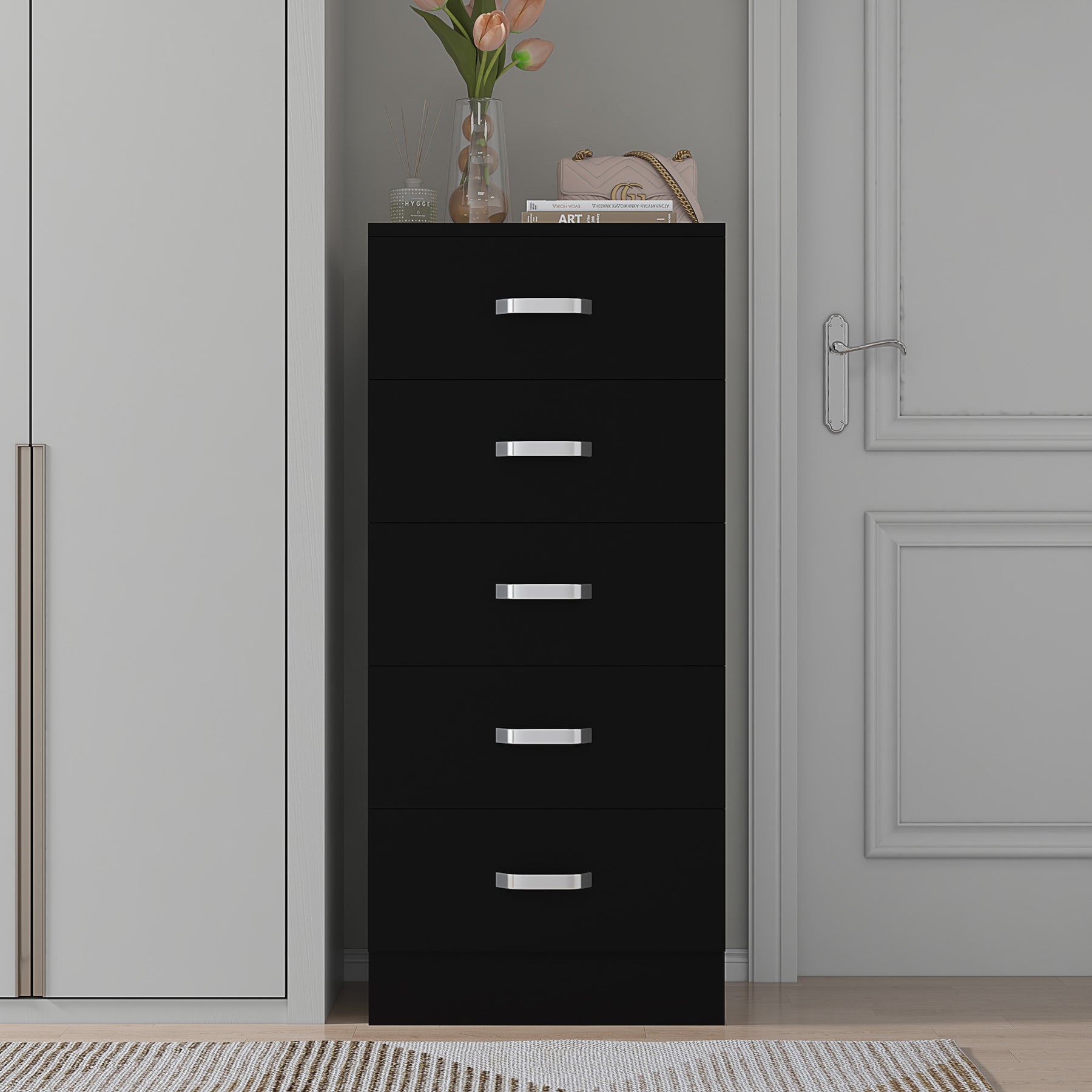 FWStyle Tunis 5 Drawer Tallboy Slim Chest Of Drawers - Matt Black