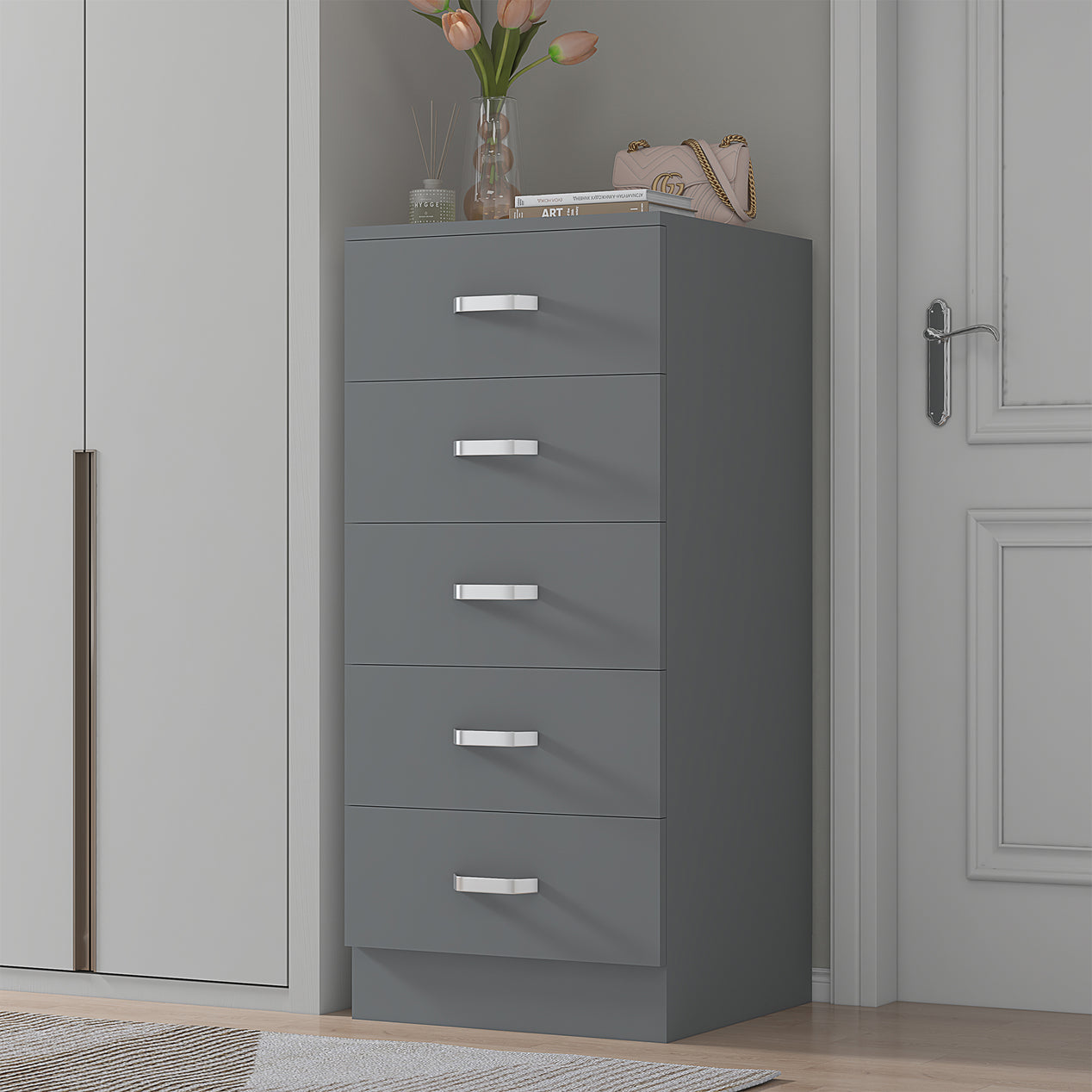 FWStyle Tunis 5 Drawer Tallboy Slim Chest Of Drawers - Matt Grey
