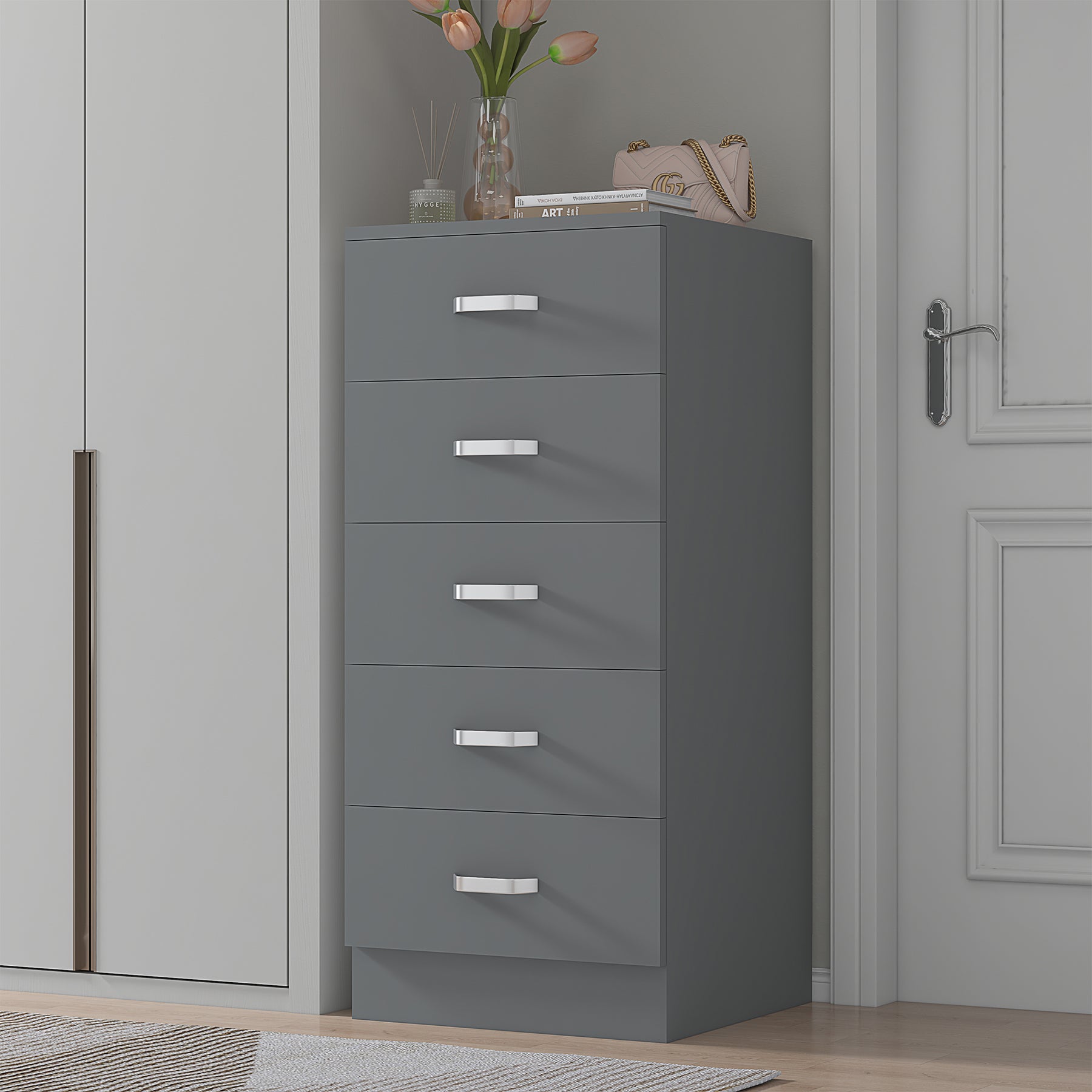 FWStyle Tunis 5 Drawer Tallboy Slim Chest Of Drawers - Matt Grey