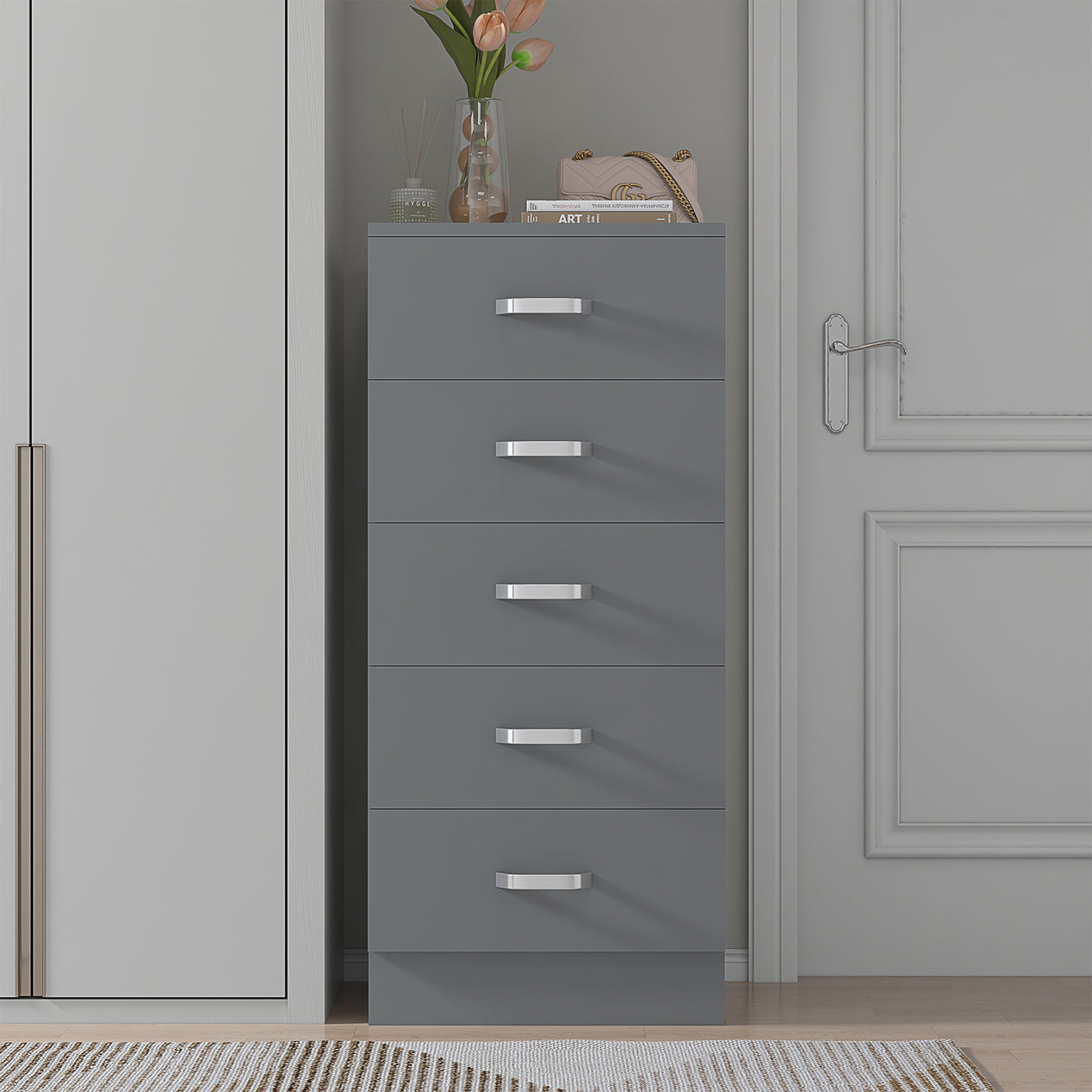 FWStyle Tunis 5 Drawer Tallboy Slim Chest Of Drawers - Matt Grey