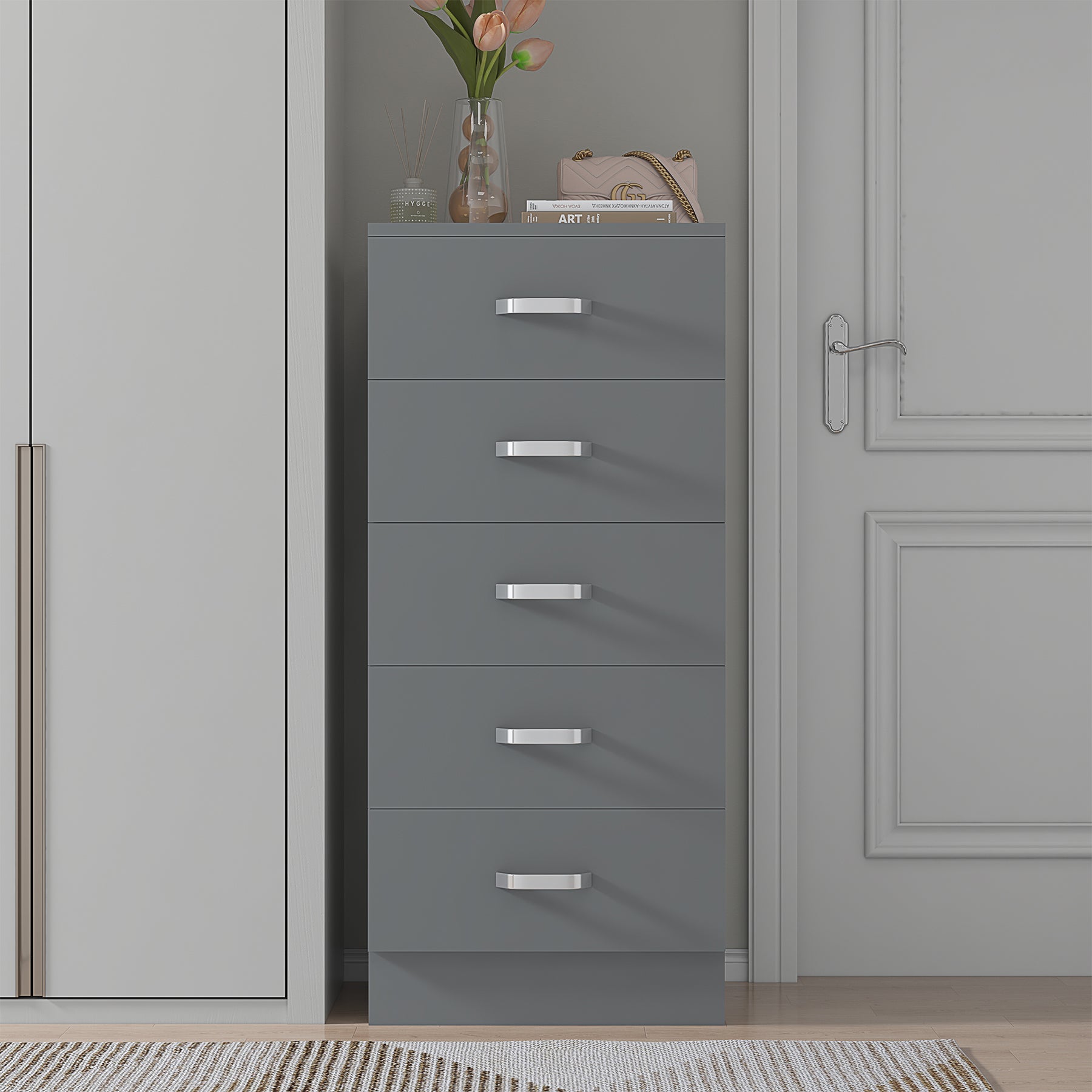 FWStyle Tunis 5 Drawer Tallboy Slim Chest Of Drawers - Matt Grey