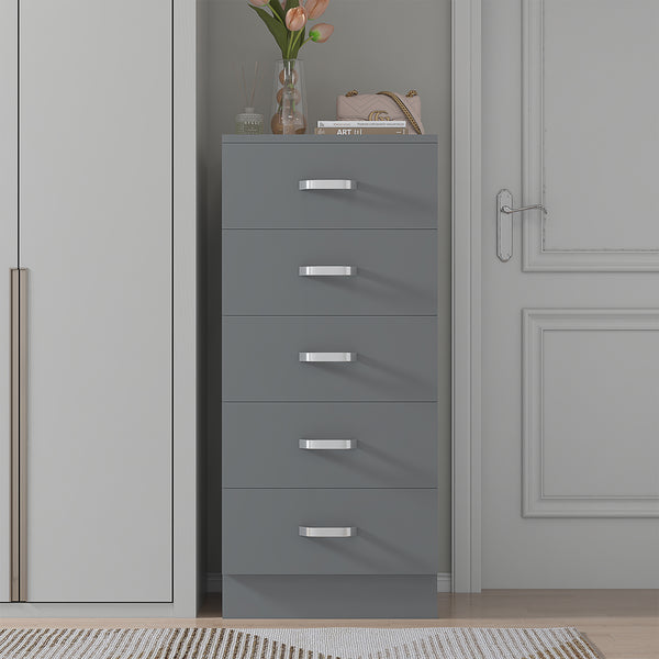 FWStyle Tunis 5 Drawer Tallboy Slim Chest Of Drawers - Matt Grey