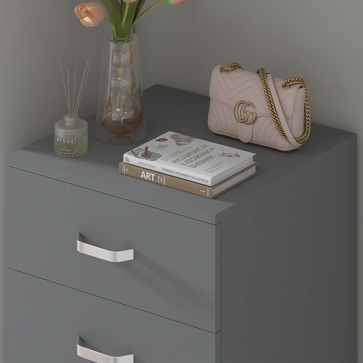 FWStyle Tunis 5 Drawer Tallboy Slim Chest Of Drawers - Matt Grey