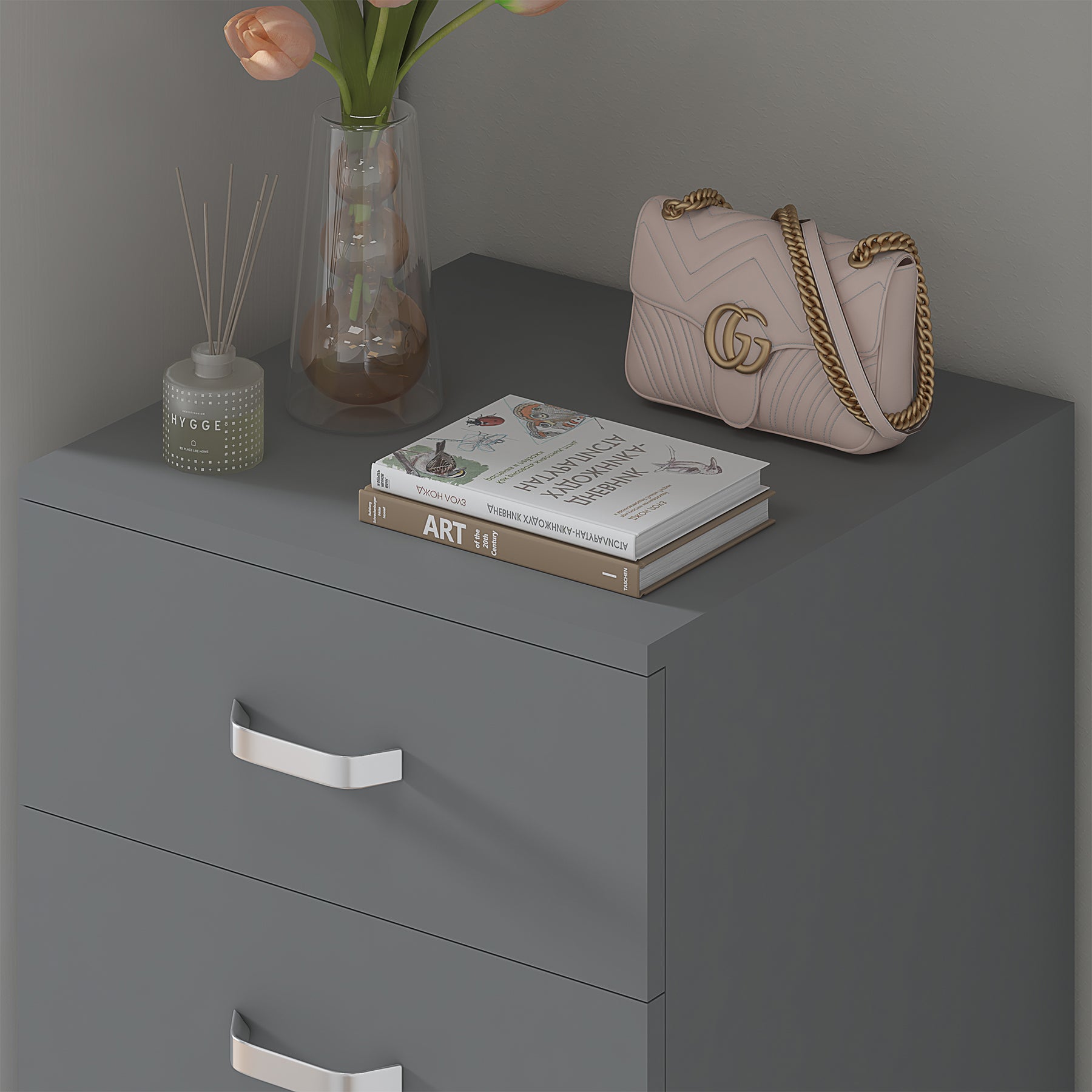 FWStyle Tunis 5 Drawer Tallboy Slim Chest Of Drawers - Matt Grey