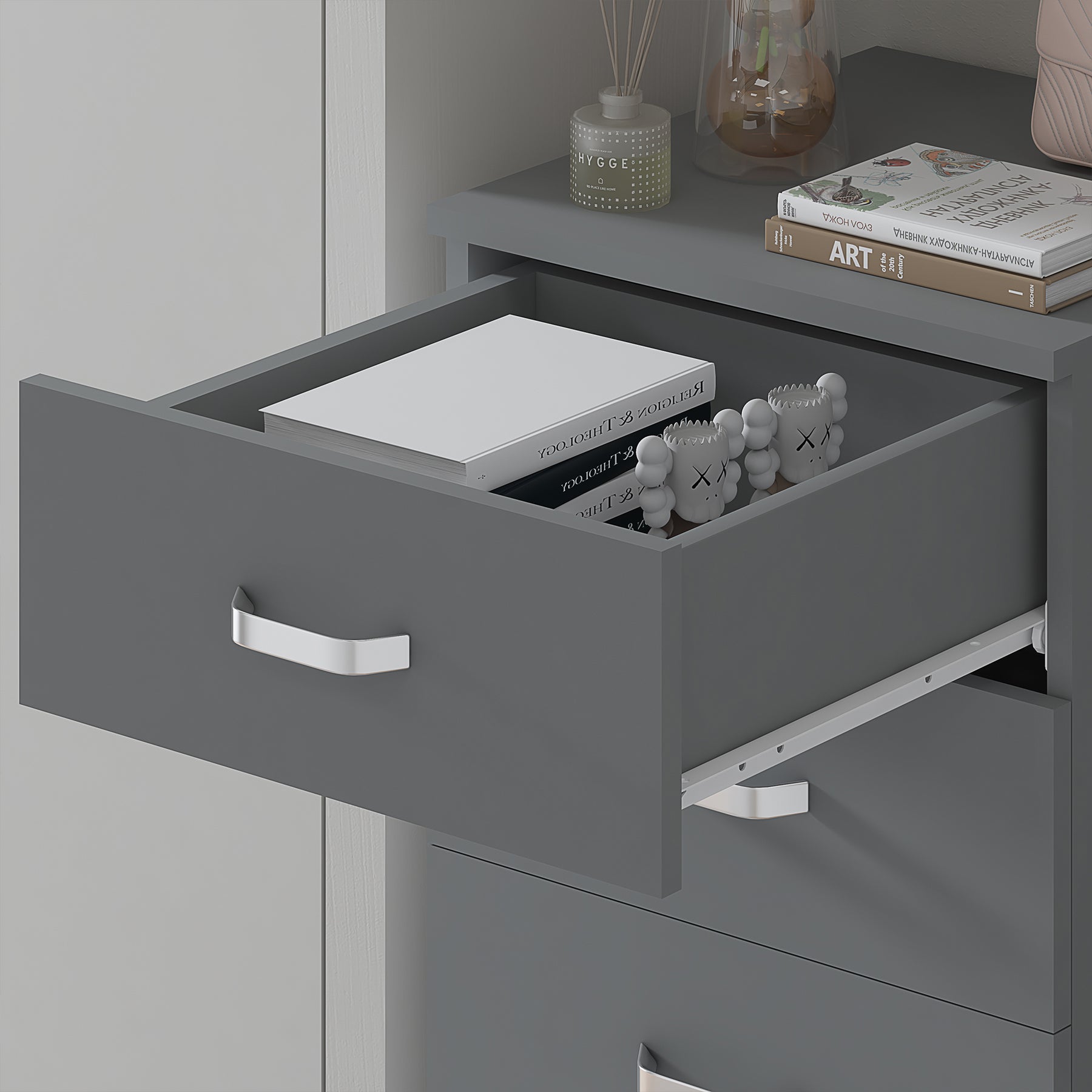 FWStyle Tunis 5 Drawer Tallboy Slim Chest Of Drawers - Matt Grey