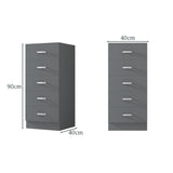 FWStyle Tunis 5 Drawer Tallboy Slim Chest Of Drawers - Matt Grey