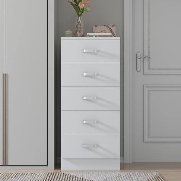FWStyle Tunis 5 Drawer Tallboy Slim Chest Of Drawers - Matt White
