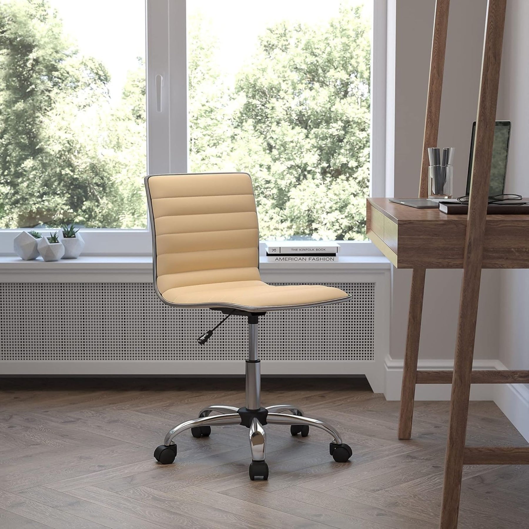 Tan Faux Leather Low Back Designer Office Chair