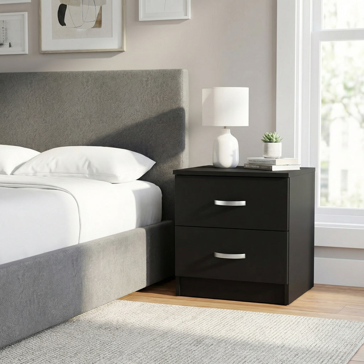 FWStyle Tunis 2 Drawer Bedside Table Matt Black