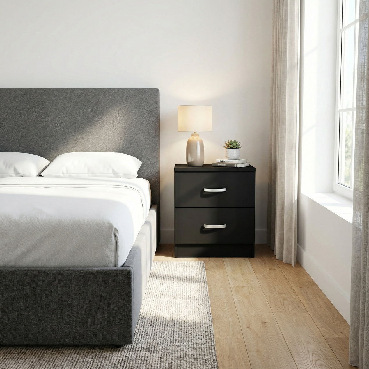 FWStyle Tunis 2 Drawer Bedside Table Matt Black