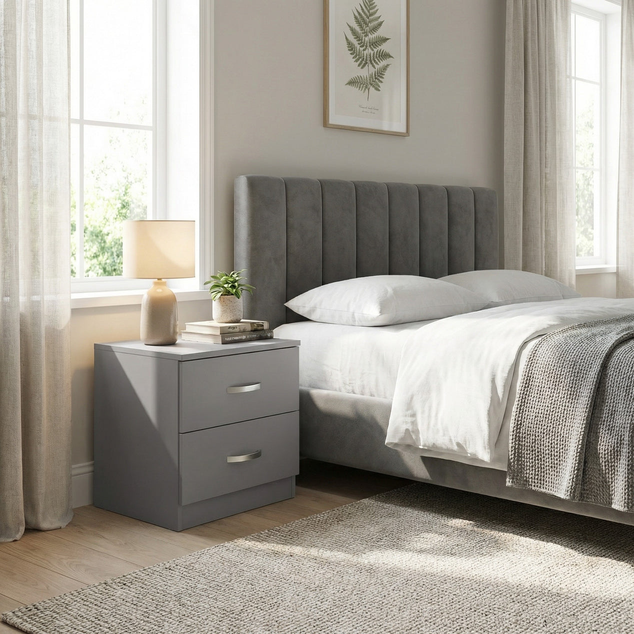 FWStyle Tunis 2 Drawer Bedside Table Matt Grey