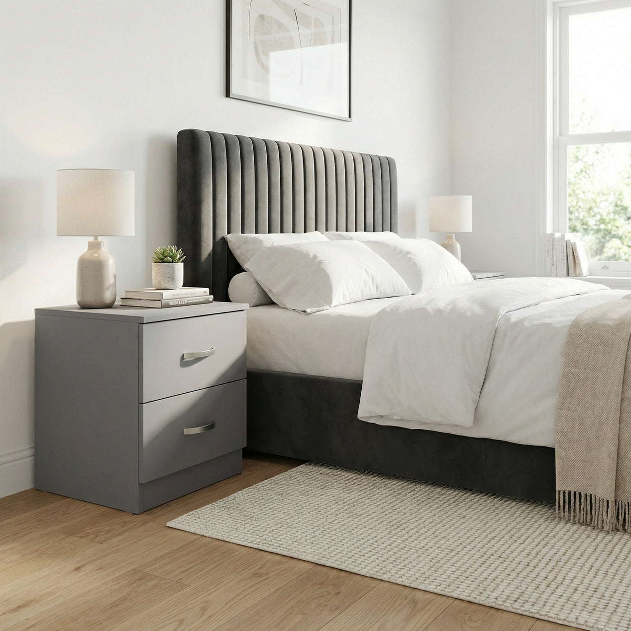 FWStyle Tunis 2 Drawer Bedside Table Matt Grey
