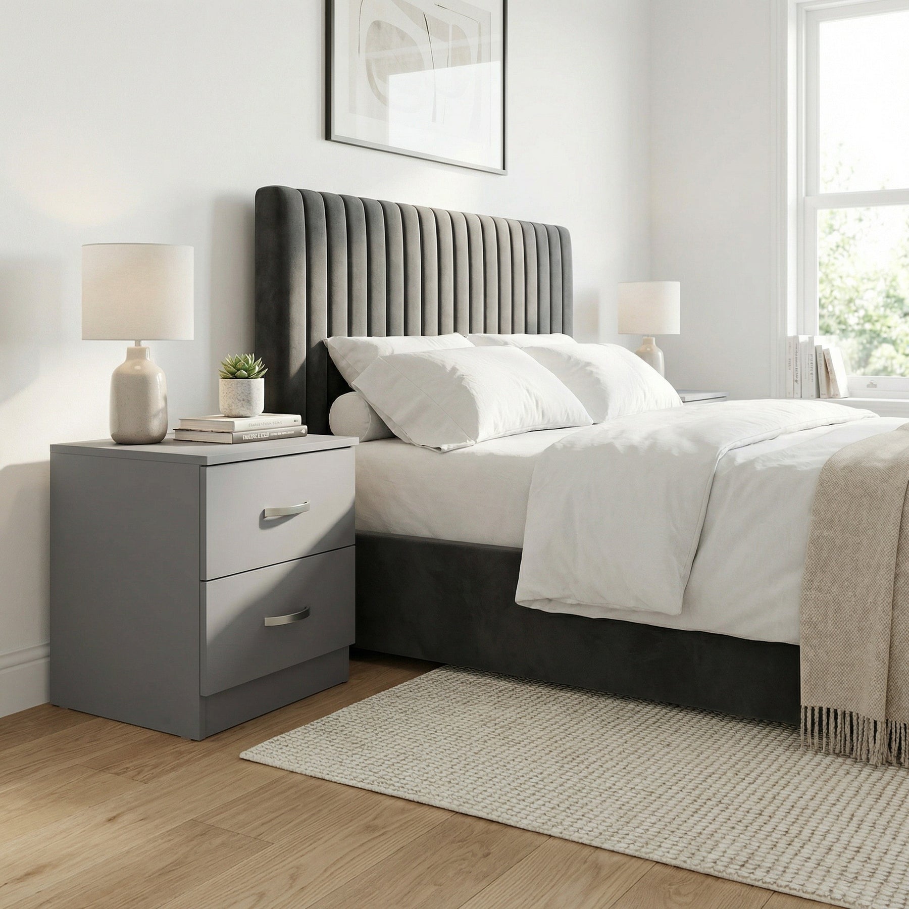 FWStyle Tunis 2 Drawer Bedside Table Matt Grey