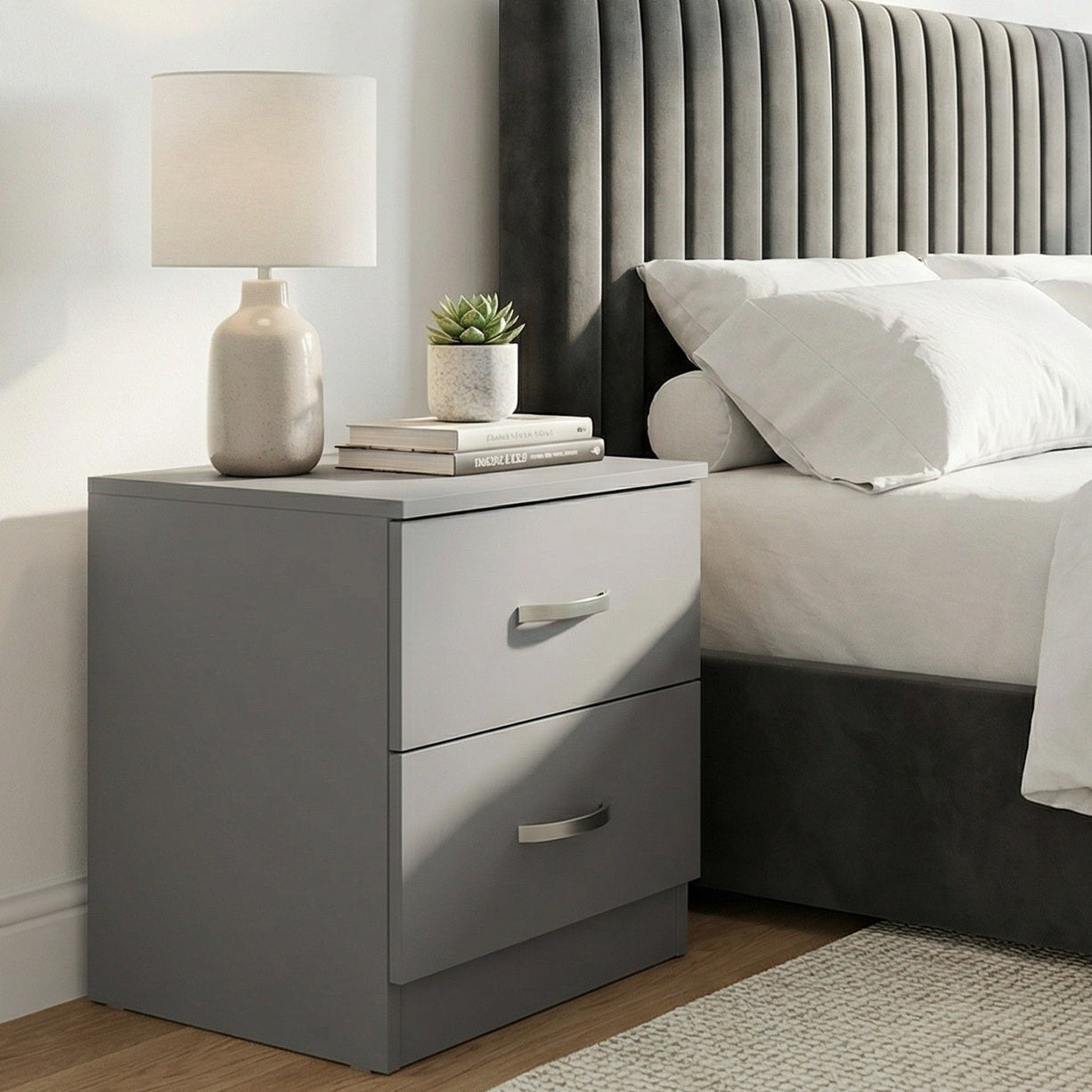 FWStyle Tunis 2 Drawer Bedside Table Matt Grey