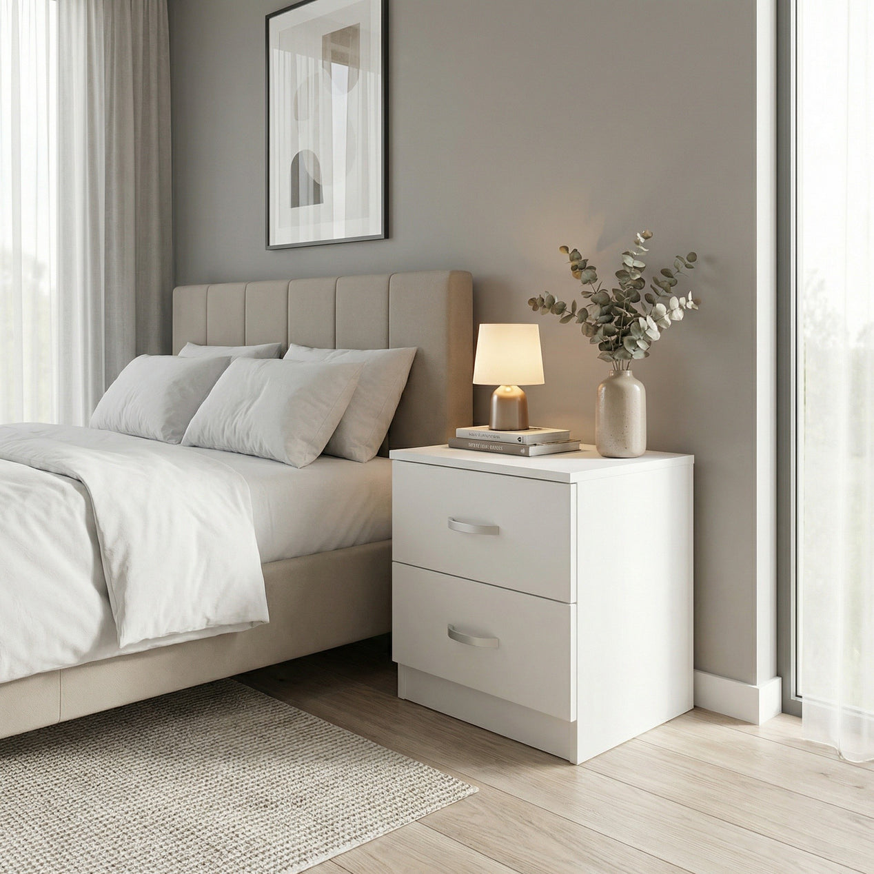 FWStyle Tunis 2 Drawer Bedside Table Matt White