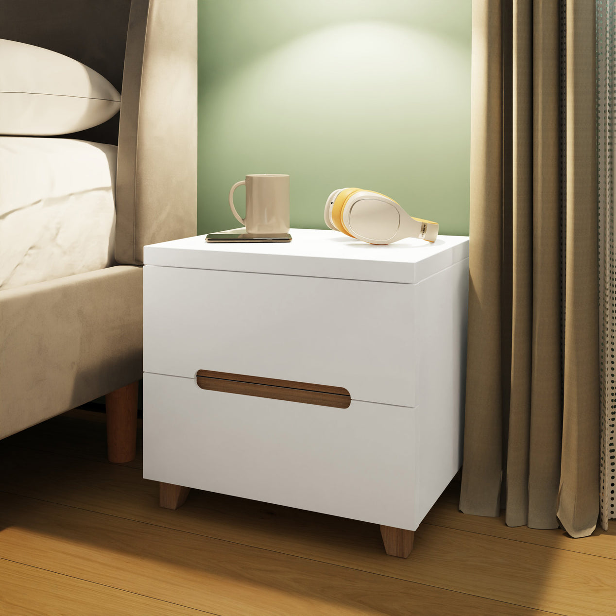 FWStyle Veloce 2 Drawer Bedside Cabinet - White Gloss, Quick Click Assembly