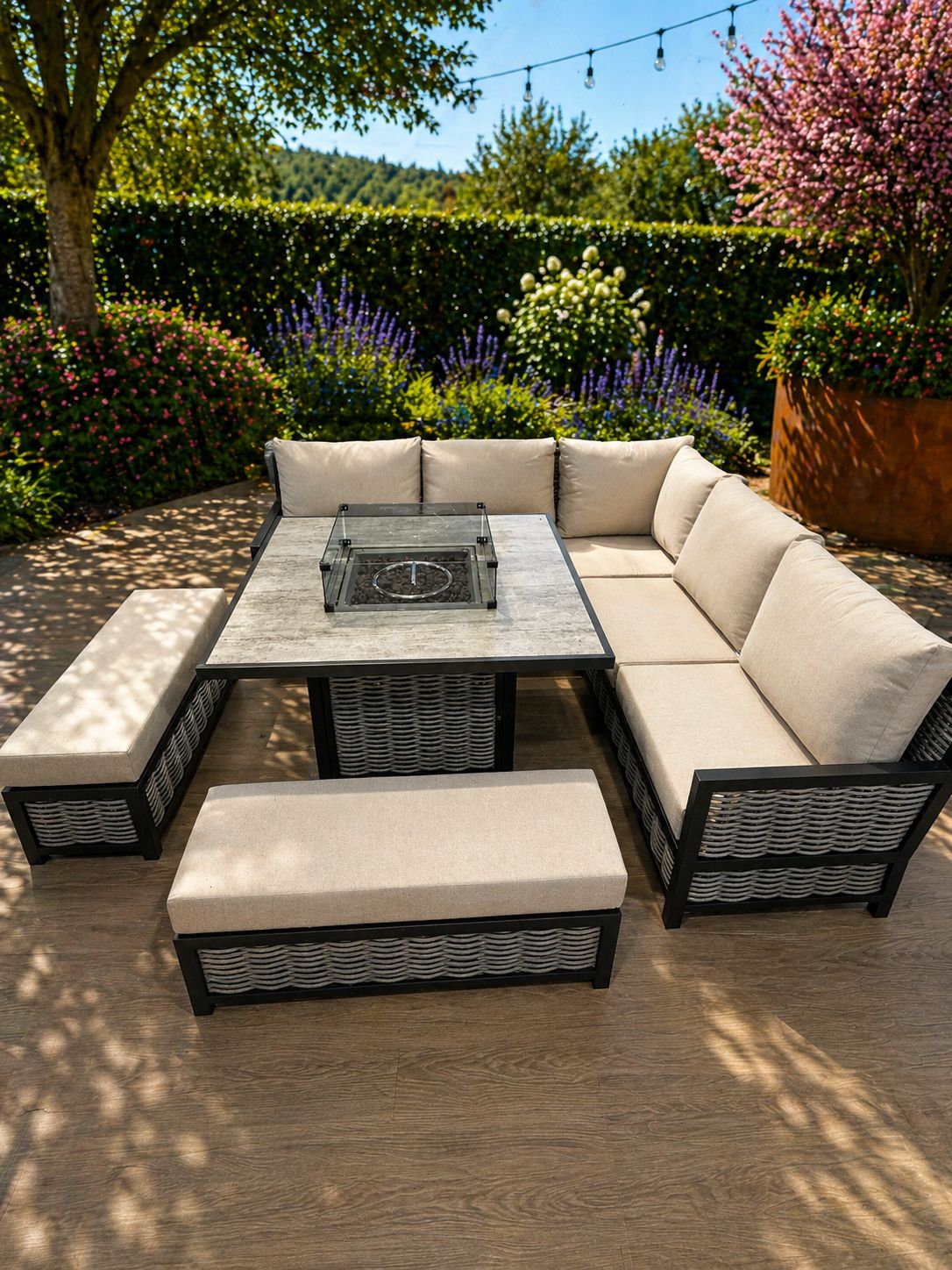 Lyra Outdoor Fire Pit Dining Set Beige