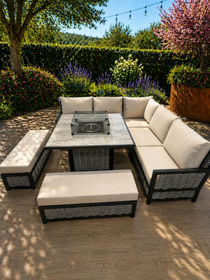 Lyra Outdoor Fire Pit Dining Set Beige