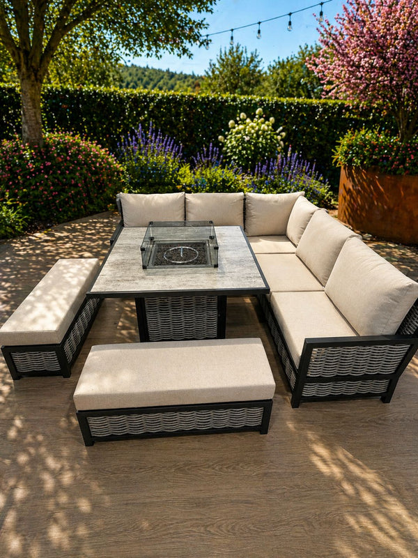 Lyra Outdoor Fire Pit Dining Set Beige