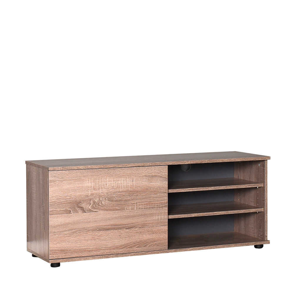 124cm Wide TV Unit with Open Shelves and Cupboard in Latte Oak
