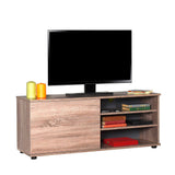 124cm Wide TV Unit with Open Shelves and Cupboard in Latte Oak