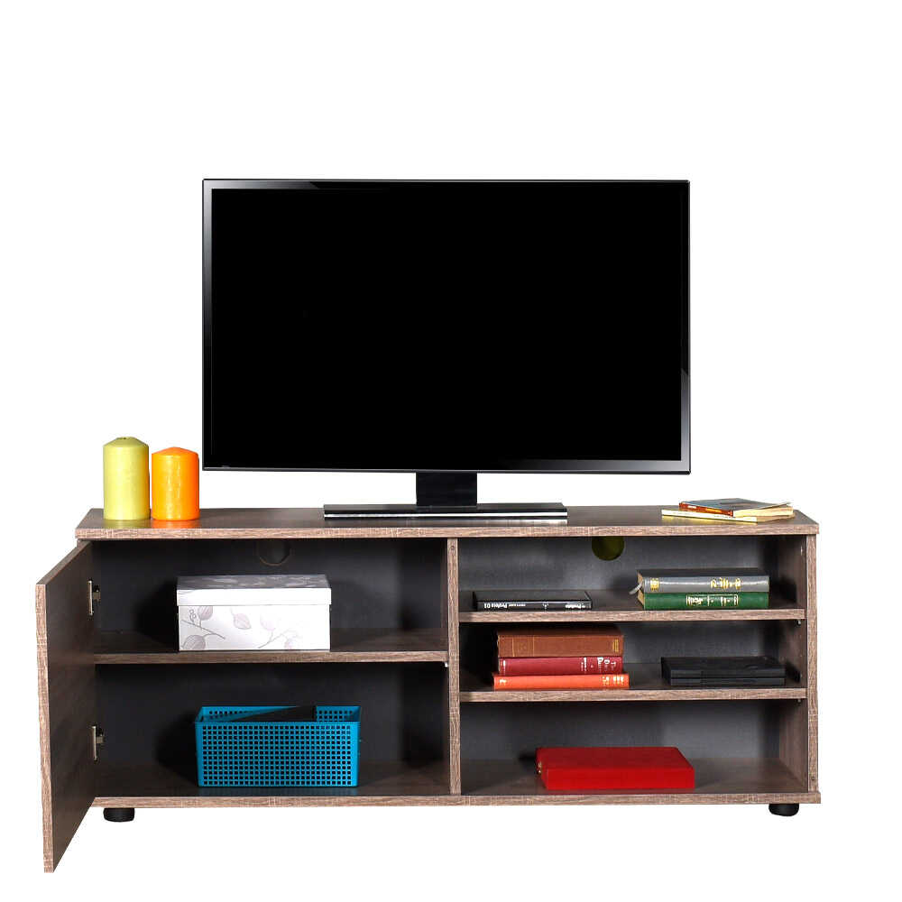 124cm Wide TV Unit with Open Shelves and Cupboard in Latte Oak