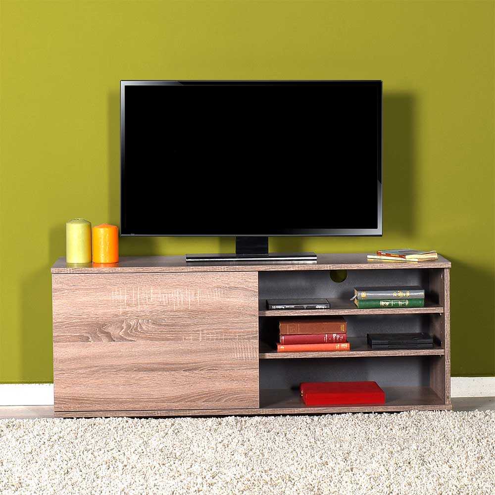 124cm Wide TV Unit with Open Shelves and Cupboard in Latte Oak