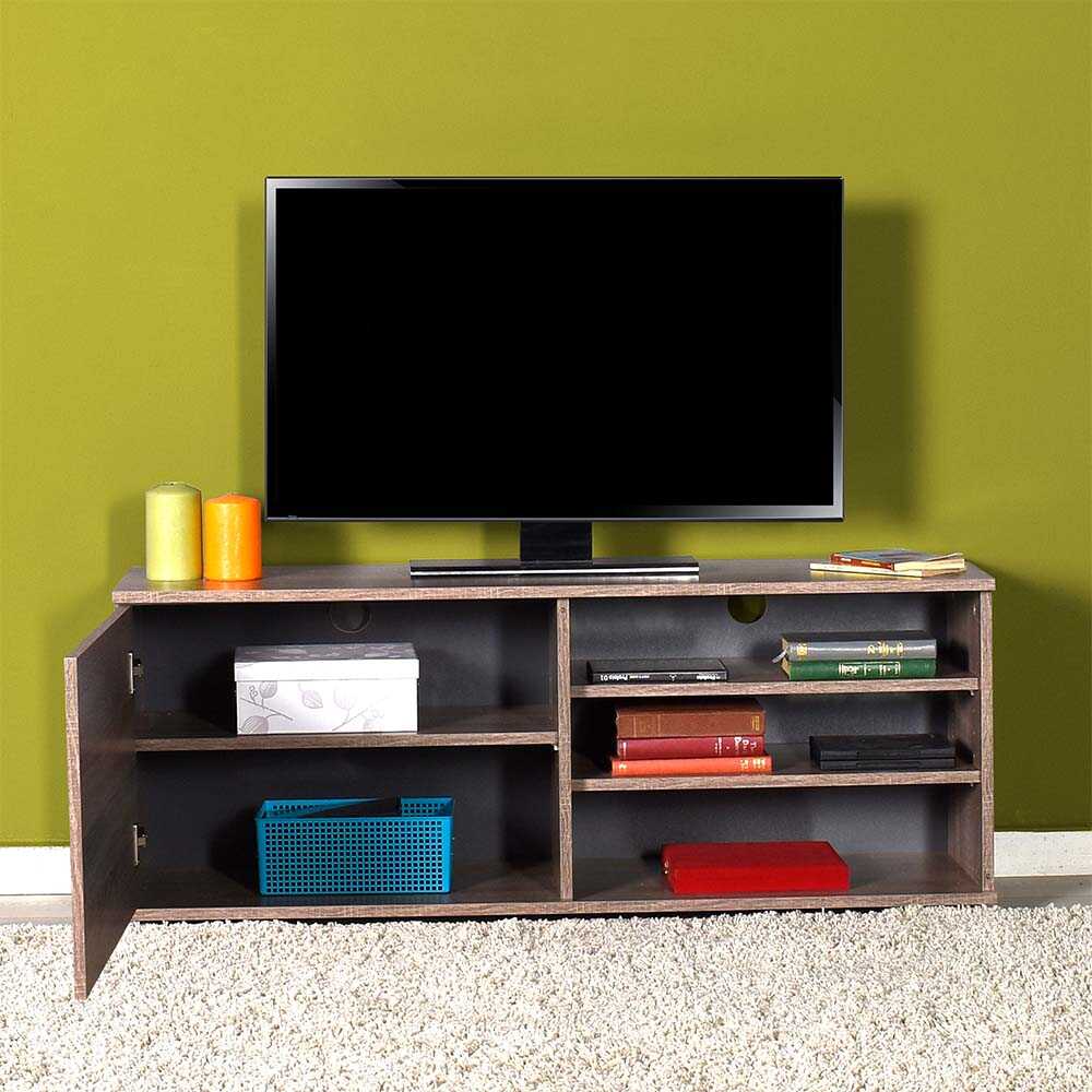 124cm Wide TV Unit with Open Shelves and Cupboard in Latte Oak