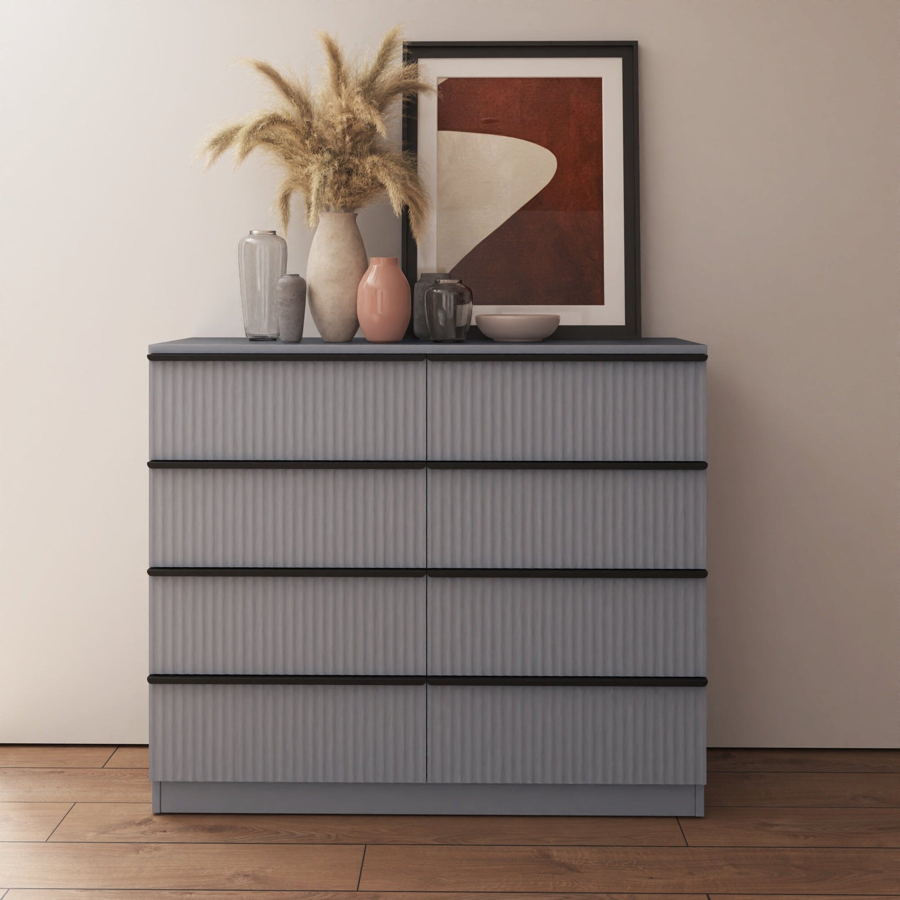 FWStyle Lania Ripple Ridged 8 Drawer Chest Of Drawers Matt Grey