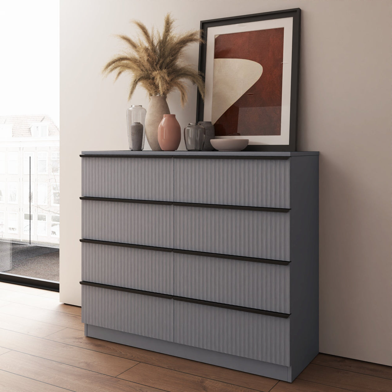 FWStyle Lania Ripple Ridged 8 Drawer Chest Of Drawers Matt Grey