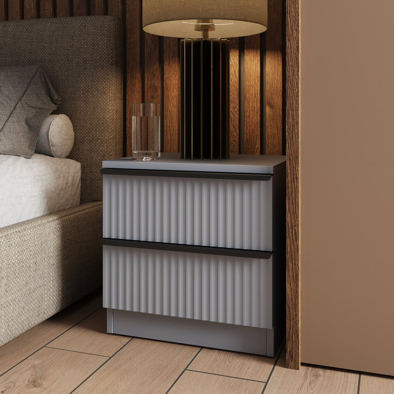 FWStyle Lania Ripple Ridged 2 Drawer Bedside Table Nightstand Matt Grey