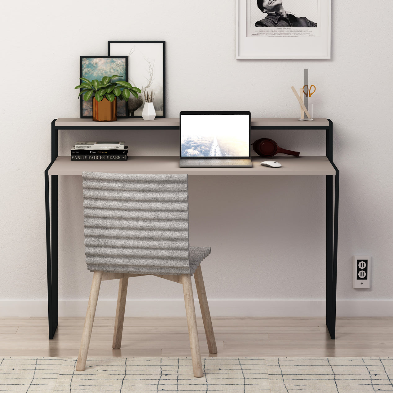 Pal Modern Study Desk Mocha Grey With Monitor Stand 124cm Wide